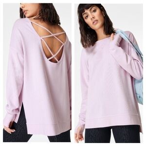 Sweaty Betty After Class Cross Back Sweatshirt, New with Tags, Mistflower Purple